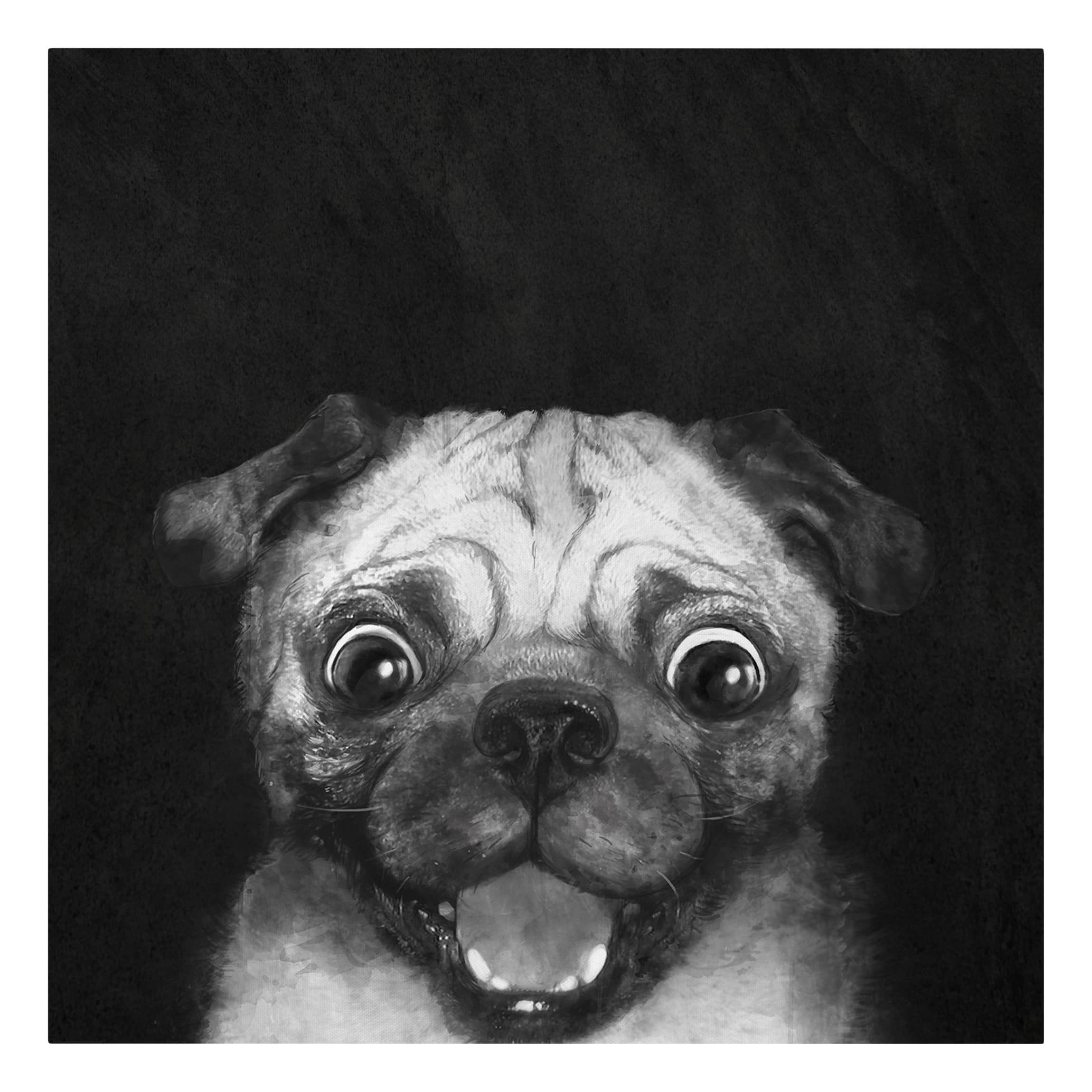 Illustration Hund Mops Malerei auf Schwarz Weiß Leinwandbild als Quadrat
