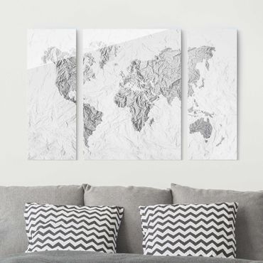Glasbild mehrteilig - Papier Weltkarte Weiß Grau 3-teilig