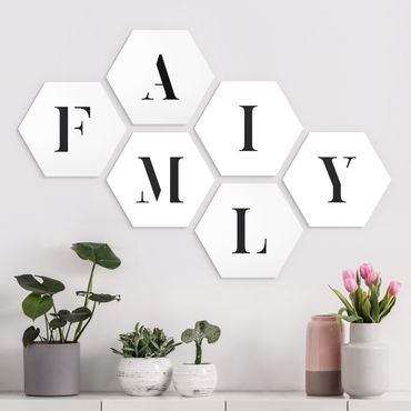 Hexagon Bild Forex 6-teilig - Buchstaben FAMILY Schwarz Set II