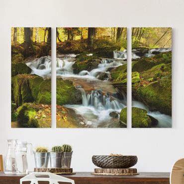 Leinwandbild 3-teilig - Wasserfall herbstlicher Wald - Triptychon