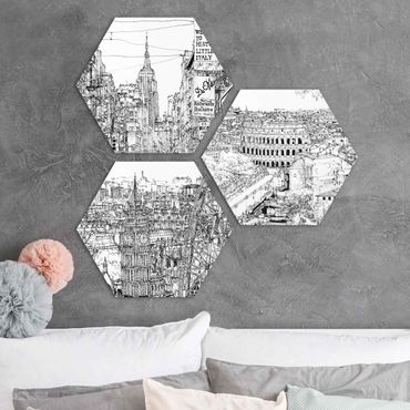 Hexagon Bild Forex 3-teilig - Stadtstudien - New York - London - Rom