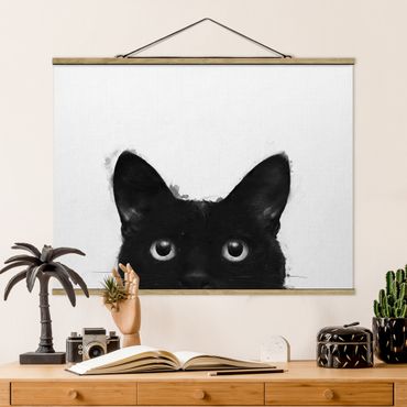 Stoffbild mit Posterleisten - Laura Graves - Illustration Schwarze Katze auf Weiß Malerei - Querformat 4:3