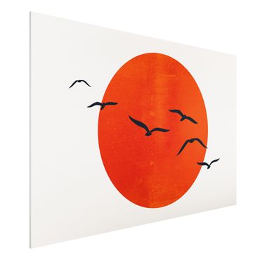 Forex Fine Art Print - Vogelschwarm vor roter Sonne I - Querformat 2:3
