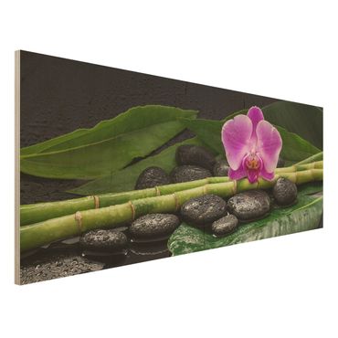 Holzbild - Grüner Bambus mit Orchideenblüte - Panorama