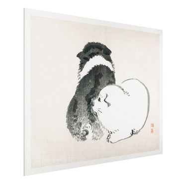 Forex Fine Art Print - Asiatische Vintage Zeichnung schwarze und weiße Hündchen - Querformat 3:4