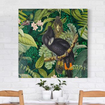 Leinwandbild - Bunte Collage - Kakadus im Dschungel - Quadrat 1:1