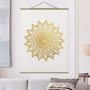 Stoffbild mit Posterleisten - Mandala Sonne Illustration weiß gold - Hochformat 3:4