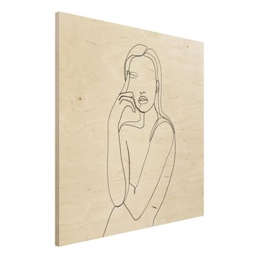 Holzbild - Line Art Nachdenkliche Frau Schwarz Weiß - Quadrat 1:1