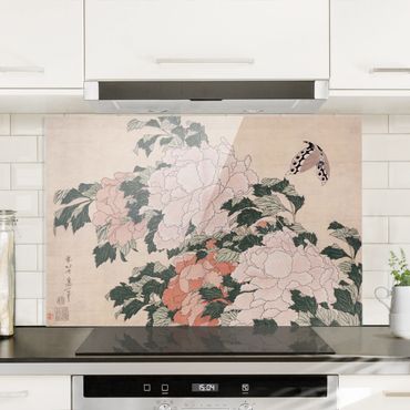 Spritzschutz Glas - Katsushika Hokusai - Rosa Pfingstrosen mit Schmetterling - Querformat - 3:2