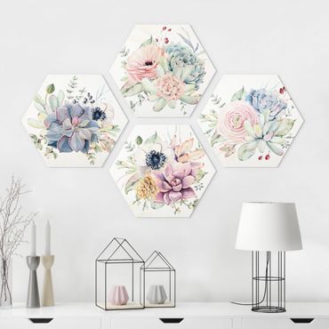Hexagon Bild Alu-Dibond 4-teilig - Aquarell Blumen Landhaus