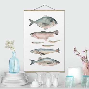 Stoffbild mit Posterleisten - Sieben Fische in Aquarell II - Hochformat 2:3