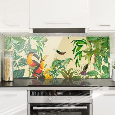 Spritzschutz Glas - Vintage Collage - Vögel im Dschungel - Panorama