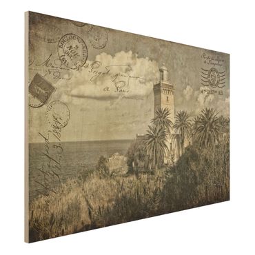 Holzbild - Leuchtturm und Palmen - Vintage Postkarte - Querformat 2:3