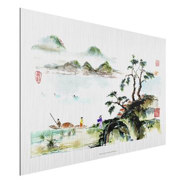 Aluminium Print gebürstet - Japanische Aquarell Zeichnung See und Berge - Querformat 2:3