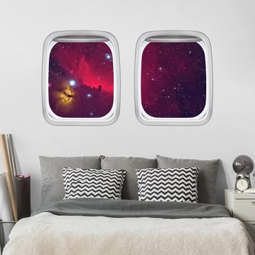 3D Wandtattoo - Doppelfenster Flugzeug Farbenfrohe Galaxie