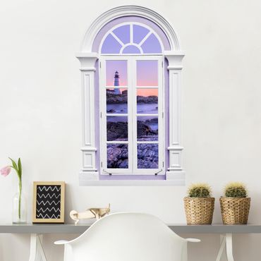 3D Wandtattoo - Fenster Mediterran Leuchtturm am Morgen