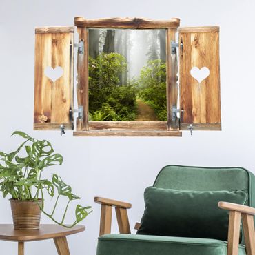 3D Wandtattoo - Fenster mit Herz Nebliger Waldpfad