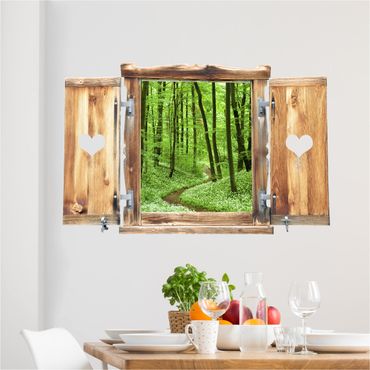 3D Wandtattoo - Fenster mit Herz Romantischer Waldweg