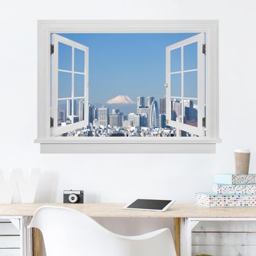 3D Wandtattoo - Offenes Fenster Tokio vor dem Mount Fuji