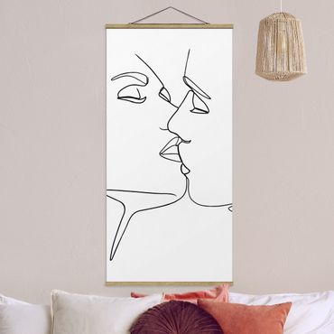 Stoffbild mit Posterleisten - Line Art Kuss Gesichter Schwarz Weiß - Hochformat 1:2