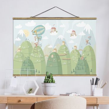 Stoffbild mit Posterleisten - Wald mit Häusern und Tieren - Querformat 3:2