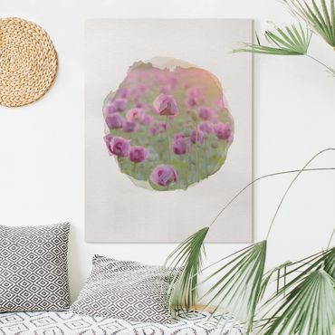 Leinwandbild - Wasserfarben - Violette Schlafmohn Blumenwiese im Frühling - Hochformat 4:3