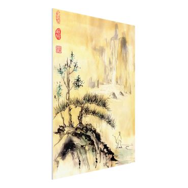 Forex Fine Art Print - Japanische Aquarell Zeichnung Zedern und Berge - Hochformat 4:3