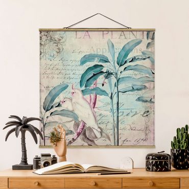 Stoffbild mit Posterleisten - Colonial Style Collage - Kakadus und Palmen - Quadrat 1:1