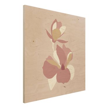 Holzbild - Line Art Blüten Pastell Rosa - Quadrat 1:1