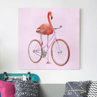 Leinwandbild - Jonas Loose - Flamingo mit Fahrrad - Quadrat 1:1