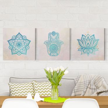 Leinwandbild 3-teilig - Mandala Hamsa Hand Lotus Set gold blau - Quadrate 1:1