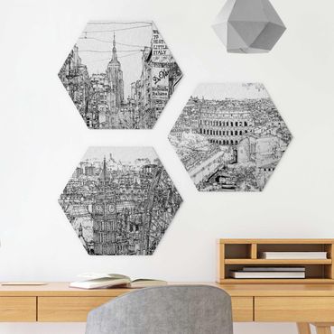 Hexagon Bild Alu-Dibond 3-teilig - Stadtstudien - New York - London - Rom