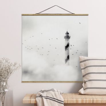Stoffbild mit Posterleisten - Leuchtturm im Nebel - Quadrat 1:1