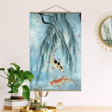 Stoffbild mit Posterleisten - Japanische Aquarell Zeichnung Goldfische II - Hochformat 2:3
