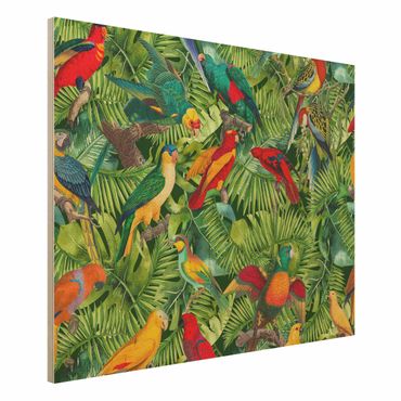 Holzbild - Bunte Collage - Papageien im Dschungel - Querformat 3:4