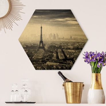 Hexagon Bild Alu-Dibond - Der Eiffelturm von Oben Schwarz-weiß