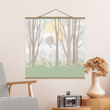 Stoffbild mit Posterleisten - Sonne mit Bäumen und Heißluftballons - Quadrat 1:1