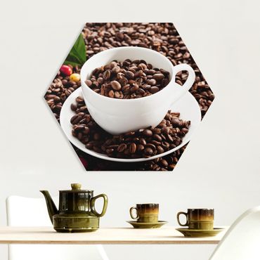 Hexagon Bild Forex - Kaffeetasse mit gerösteten Kaffeebohnen