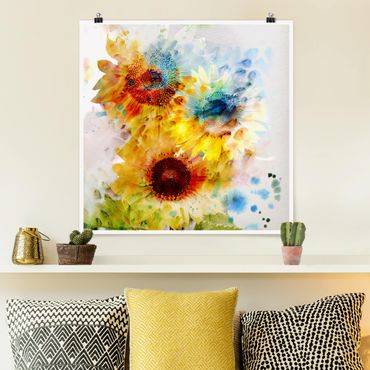 Poster - Aquarell Blumen Sonnenblumen - Quadrat 1:1