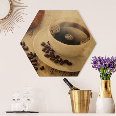Hexagon Bild Alu-Dibond - Dampfende Kaffeetasse mit Kaffeebohnen