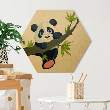 Hexagon Bild Alu-Dibond - Kletternder Panda