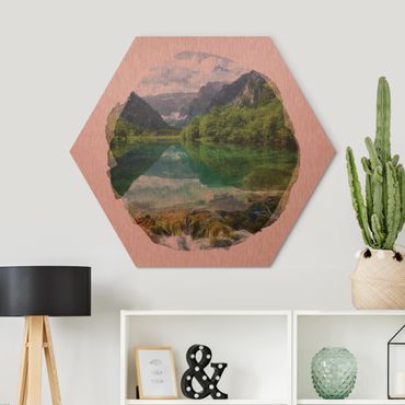 Hexagon Bild Alu-Dibond - Wasserfarben - Bergsee mit Spiegelung