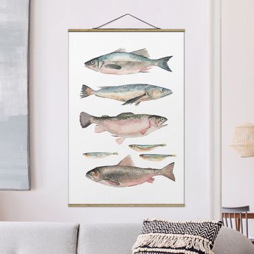 Stoffbild mit Posterleisten - Sieben Fische in Aquarell I - Hochformat 2:3