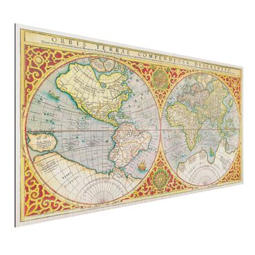 Aluminium Print gebürstet - Historische Weltkarte Orbis Terrare Compendiosa Descriptio - Querformat 1:2
