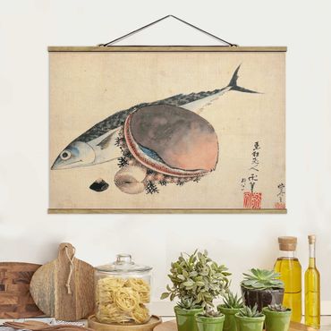Stoffbild mit Posterleisten - Katsushika Hokusai - Makrele und Seemuscheln - Querformat 3:2