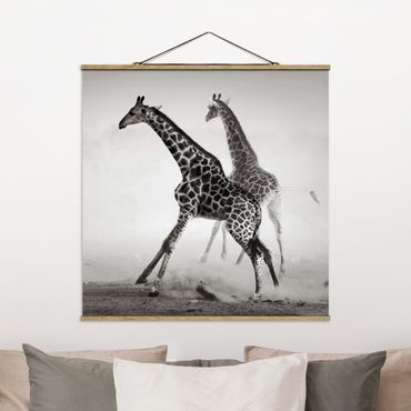 Stoffbild mit Posterleisten - Giraffenjagd - Quadrat 1:1