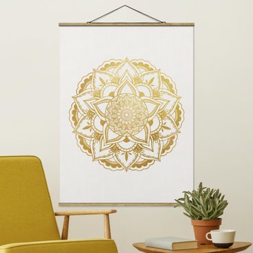 Stoffbild mit Posterleisten - Mandala Illustration Ornament weiß gold - Hochformat 3:4