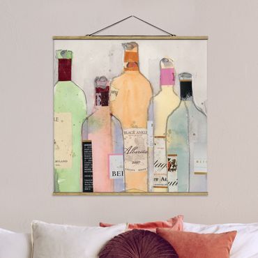 Stoffbild mit Posterleisten - Weinflaschen in Wasserfarbe II - Quadrat 1:1