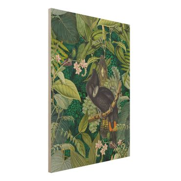 Holzbild - Bunte Collage - Kakadus im Dschungel - Hochformat 4:3