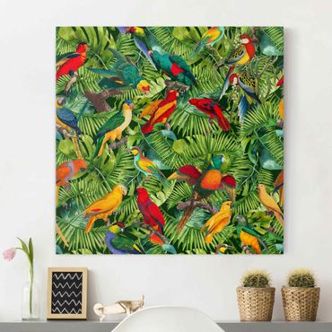 Leinwandbild - Bunte Collage - Papageien im Dschungel - Quadrat 1:1